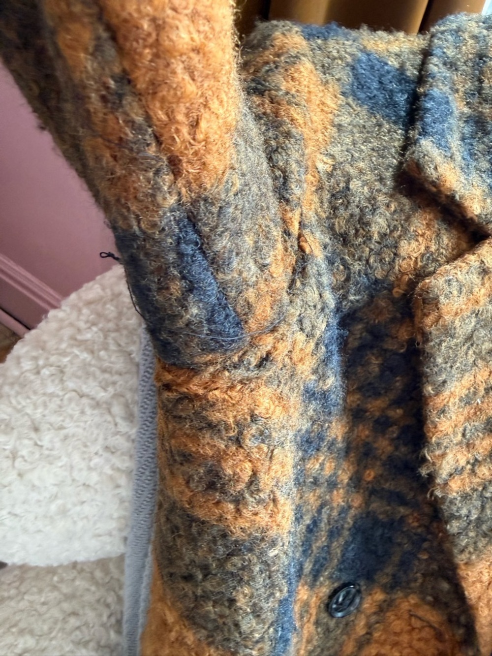 Plaid Double-Breasted Pea Coat in Burnt Caramel and Navy - Picture 12 of 13